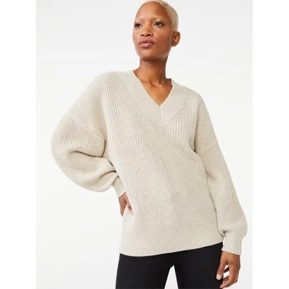 Free Assembly Beige Wide V-Neck Pullover Sweater XS